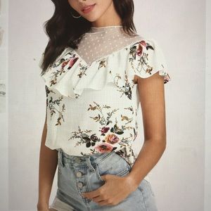 Floral Print Polka Dot Mesh Yoke Top